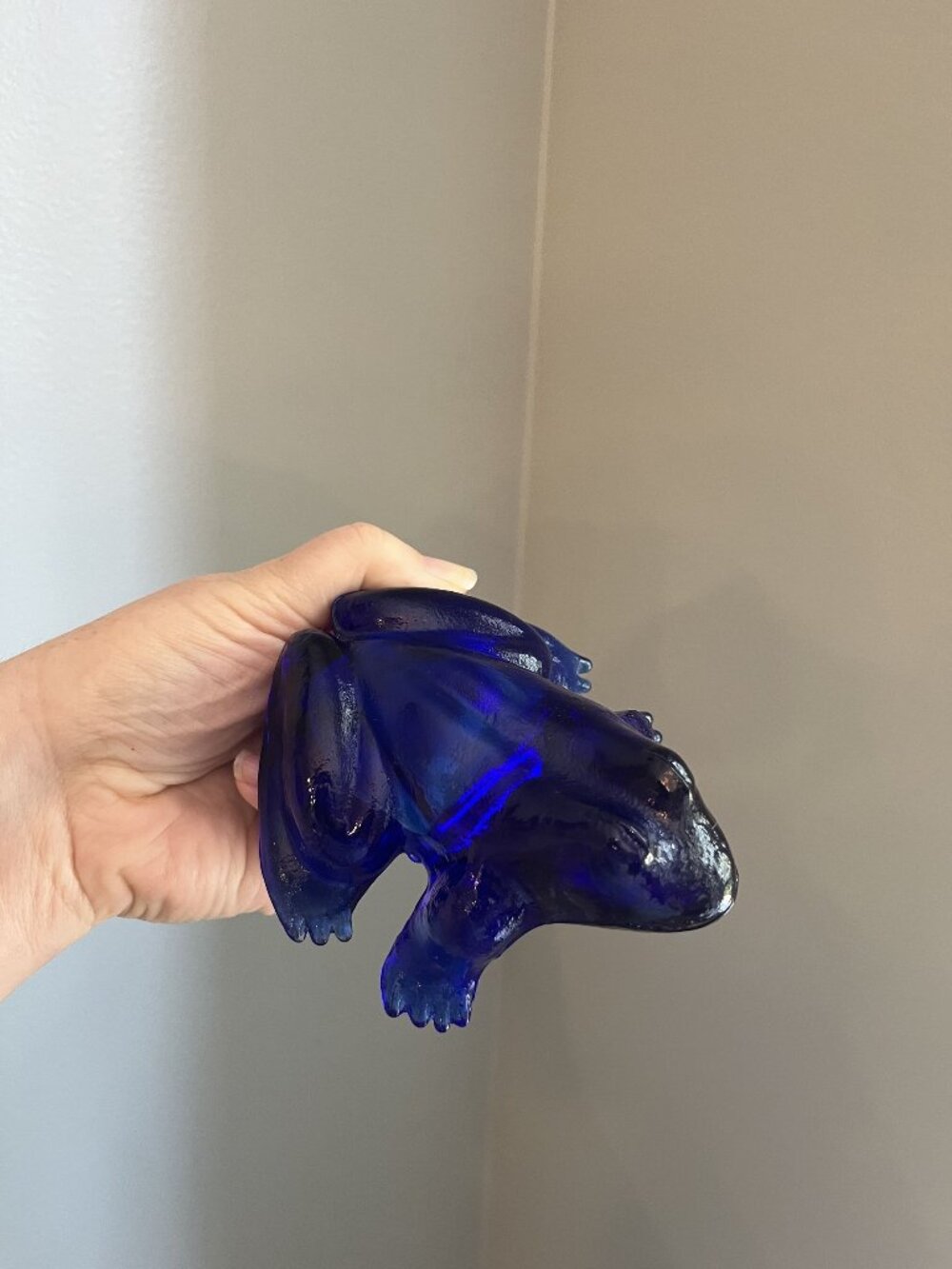 Mosser Cobalt Blue Glass Frog Toad Figurine Paperweight 4.75" Long